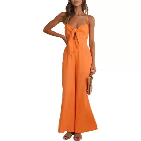 LYANER Women's Jumpsuit V Neck Tie Knot Front Sleeveless Spaghetti Straps Wide Leg Long Romper