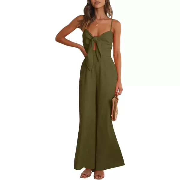 LYANER Women's Jumpsuit V Neck Tie Knot Front Sleeveless Spaghetti Straps Wide Leg Long Romper