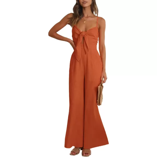 LYANER Women's Jumpsuit V Neck Tie Knot Front Sleeveless Spaghetti Straps Wide Leg Long Romper
