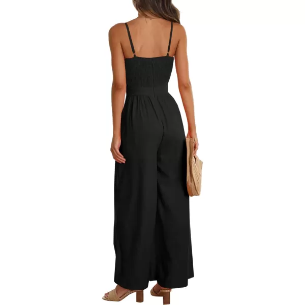 LYANER Women's Jumpsuit V Neck Tie Knot Front Sleeveless Spaghetti Straps Wide Leg Long Romper