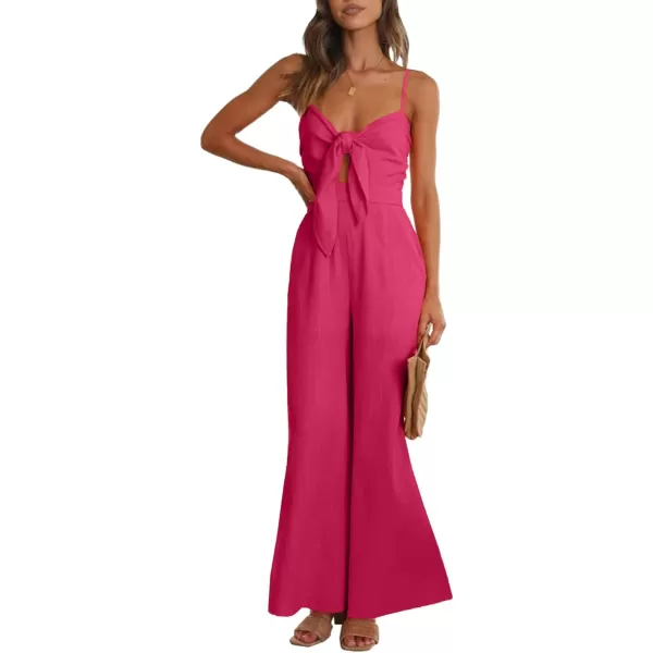 LYANER Women's Jumpsuit V Neck Tie Knot Front Sleeveless Spaghetti Straps Wide Leg Long Romper