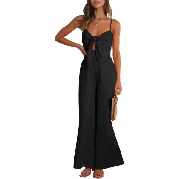 LYANER Women's Jumpsuit V Neck Tie Knot Front Sleeveless Spaghetti Straps Wide Leg Long Romper