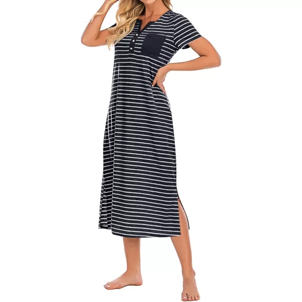 LYANER Women's Knit Henley V Neck Short Sleeve Stripe Night Shirt Sleepwear Pajama Dress
