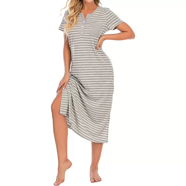 LYANER Women's Knit Henley V Neck Short Sleeve Stripe Night Shirt Sleepwear Pajama Dress