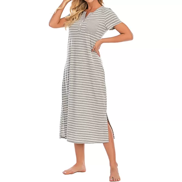 LYANER Women's Knit Henley V Neck Short Sleeve Stripe Night Shirt Sleepwear Pajama Dress