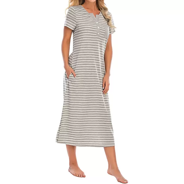LYANER Women's Knit Henley V Neck Short Sleeve Stripe Night Shirt Sleepwear Pajama Dress