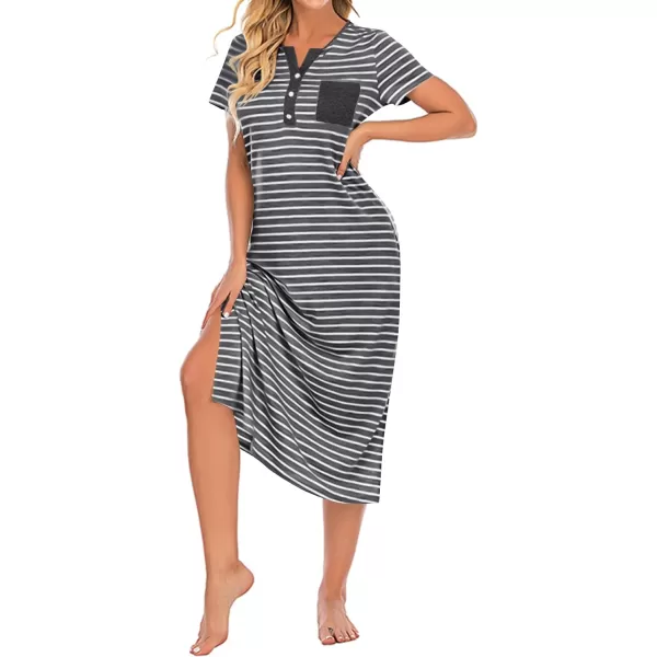 LYANER Women's Knit Henley V Neck Short Sleeve Stripe Night Shirt Sleepwear Pajama Dress