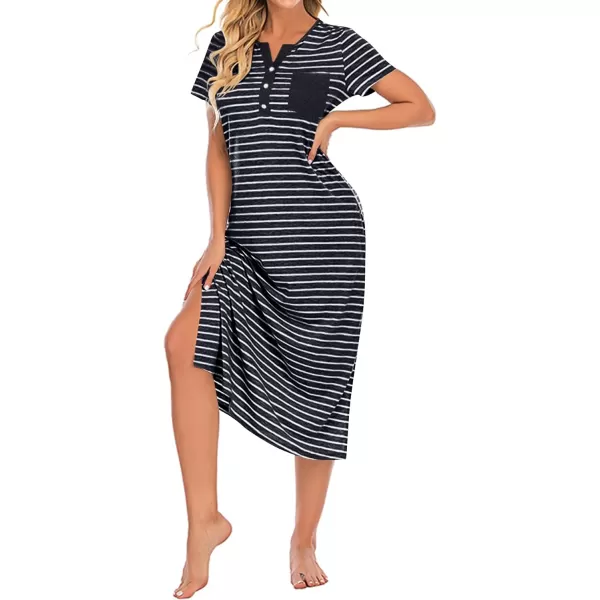 LYANER Women's Knit Henley V Neck Short Sleeve Stripe Night Shirt Sleepwear Pajama Dress