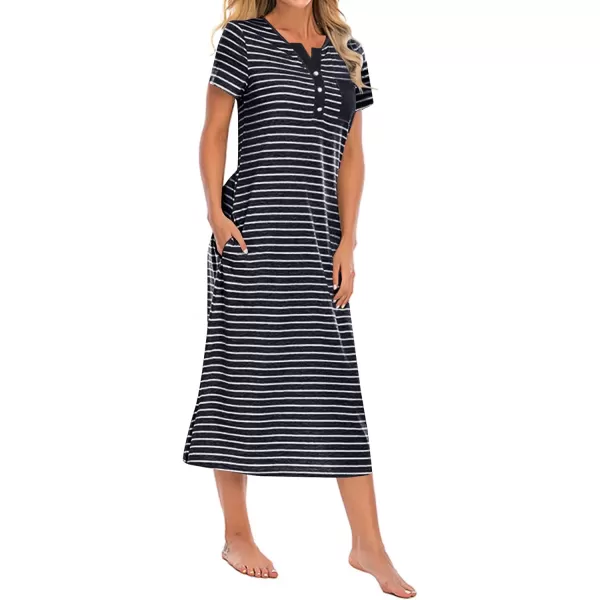 LYANER Women's Knit Henley V Neck Short Sleeve Stripe Night Shirt Sleepwear Pajama Dress