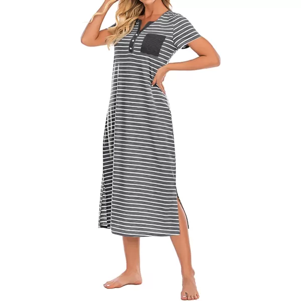 LYANER Women's Knit Henley V Neck Short Sleeve Stripe Night Shirt Sleepwear Pajama Dress