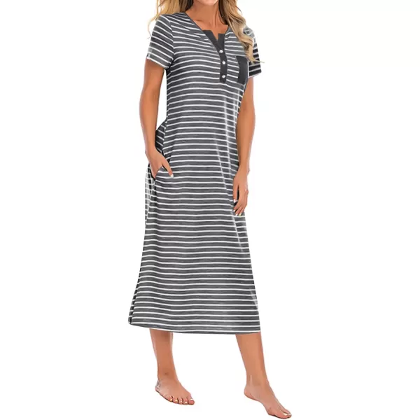 LYANER Women's Knit Henley V Neck Short Sleeve Stripe Night Shirt Sleepwear Pajama Dress
