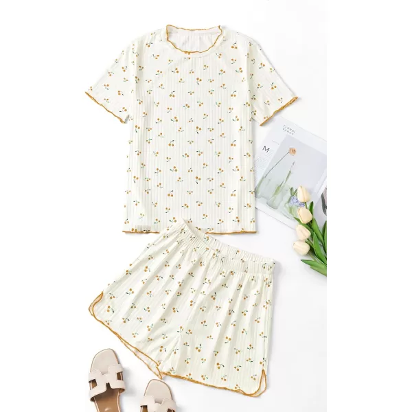 LYANER Women's Knit Pajamas Set Print Pleated Short Sleeve Shirt with Shorts Set PJs Loungewear