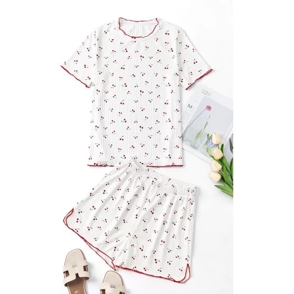 LYANER Women's Knit Pajamas Set Print Pleated Short Sleeve Shirt with Shorts Set PJs Loungewear