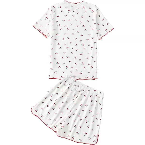 LYANER Women's Knit Pajamas Set Print Pleated Short Sleeve Shirt with Shorts Set PJs Loungewear