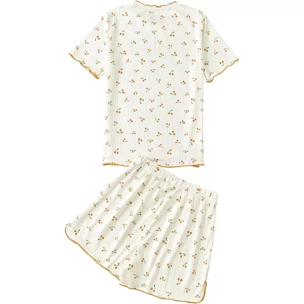 LYANER Women's Knit Pajamas Set Print Pleated Short Sleeve Shirt with Shorts Set PJs Loungewear