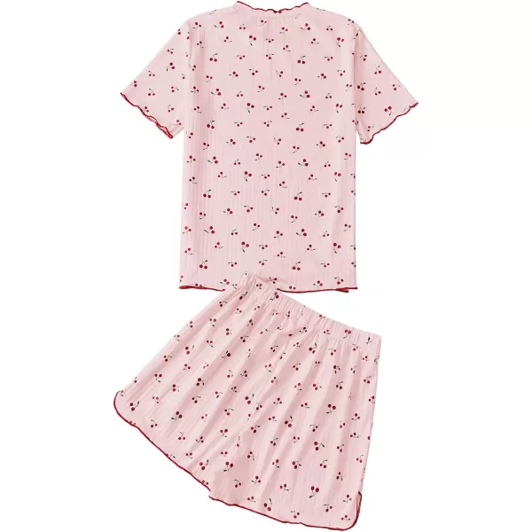 LYANER Women's Knit Pajamas Set Print Pleated Short Sleeve Shirt with Shorts Set PJs Loungewear