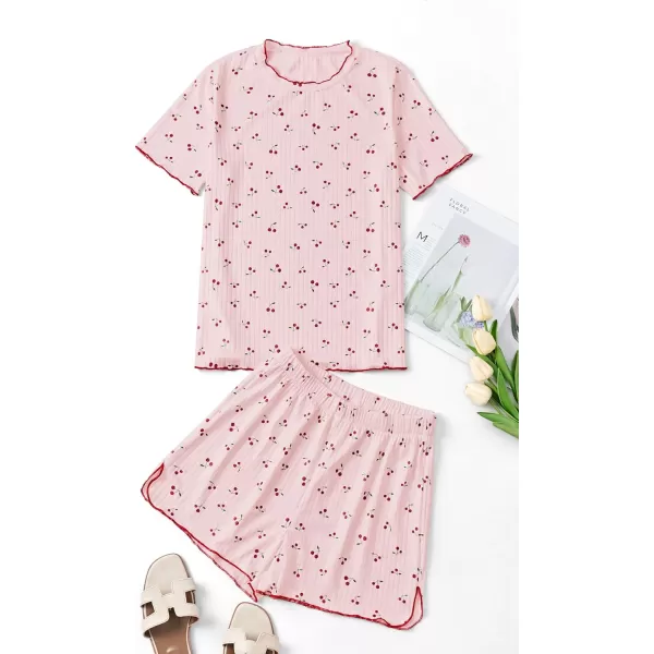 LYANER Women's Knit Pajamas Set Print Pleated Short Sleeve Shirt with Shorts Set PJs Loungewear