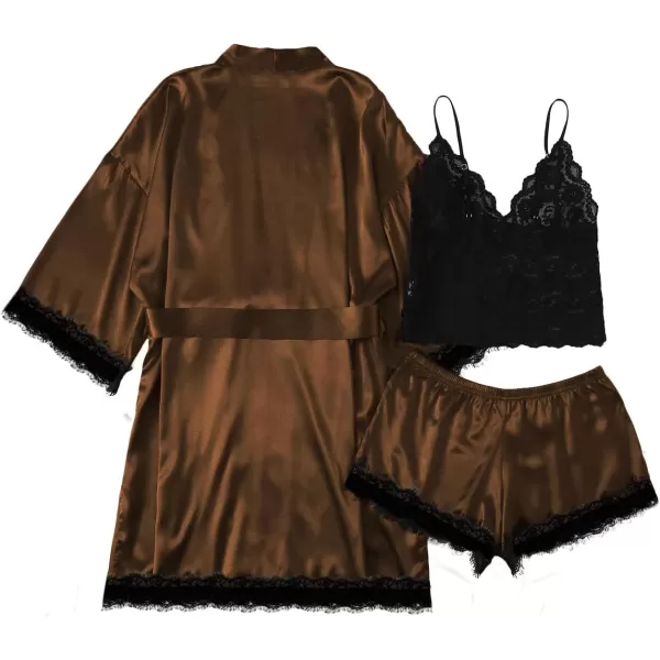 LYANER Women's Lace Cami Top and Shorts Satin Silk Lingerie Set with Robe Pajamas Sleepwear