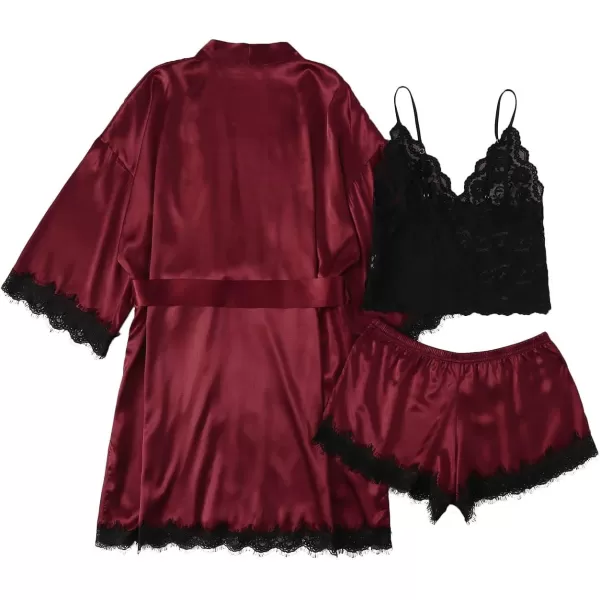 LYANER Women's Lace Cami Top and Shorts Satin Silk Lingerie Set with Robe Pajamas Sleepwear