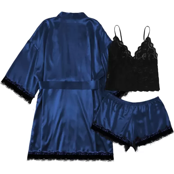 LYANER Women's Lace Cami Top and Shorts Satin Silk Lingerie Set with Robe Pajamas Sleepwear