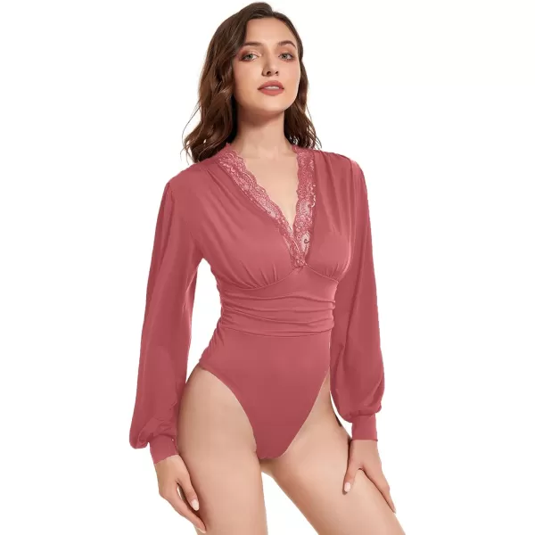 LYANER Women's Lace Trim V Neck Puff Long Sleeve Leotard Bodysuit Tops