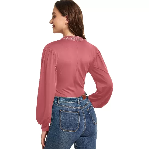 LYANER Women's Lace Trim V Neck Puff Long Sleeve Leotard Bodysuit Tops