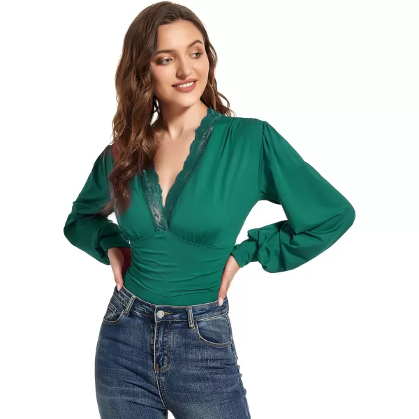 LYANER Women's Lace Trim V Neck Puff Long Sleeve Leotard Bodysuit Tops