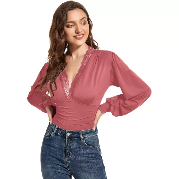 LYANER Women's Lace Trim V Neck Puff Long Sleeve Leotard Bodysuit Tops