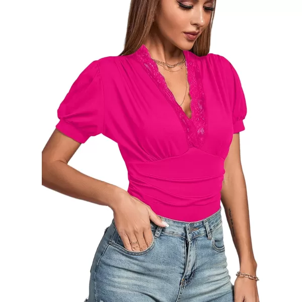 LYANER Women's Lace Trim V Neck Puff Short Sleeve Leotard Bodysuit Top