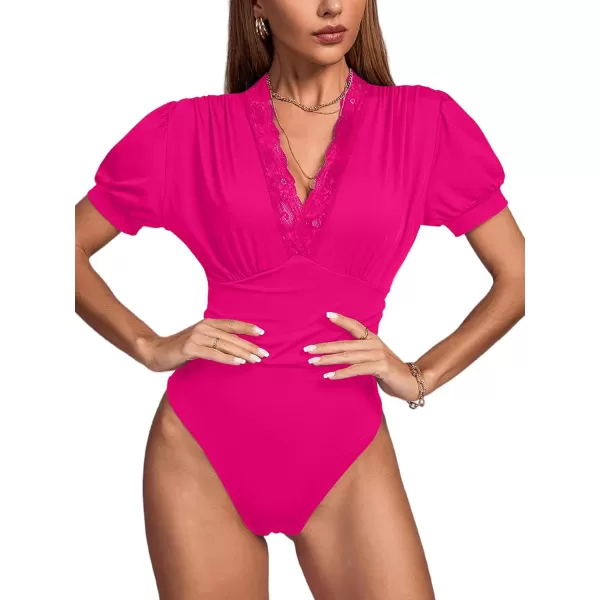 LYANER Women's Lace Trim V Neck Puff Short Sleeve Leotard Bodysuit Top