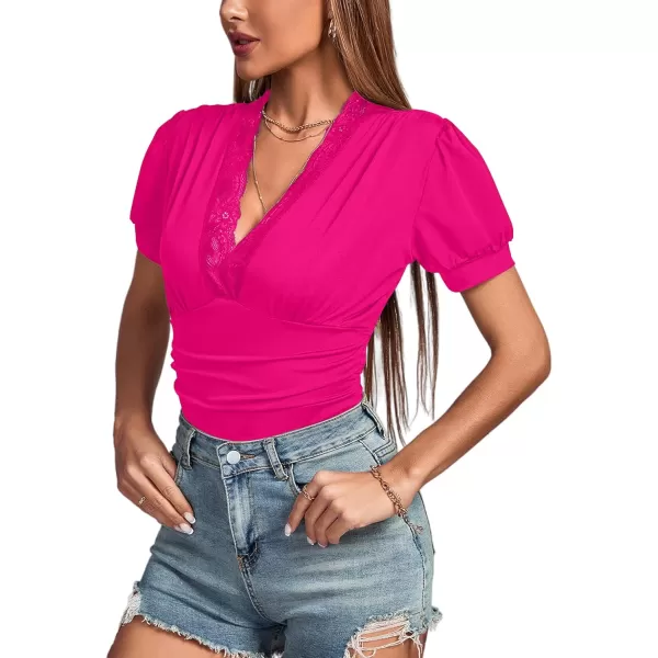 LYANER Women's Lace Trim V Neck Puff Short Sleeve Leotard Bodysuit Top