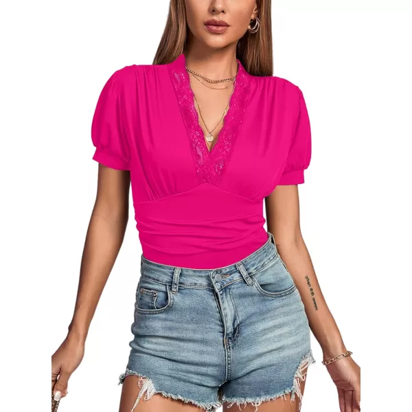 LYANER Women's Lace Trim V Neck Puff Short Sleeve Leotard Bodysuit Top