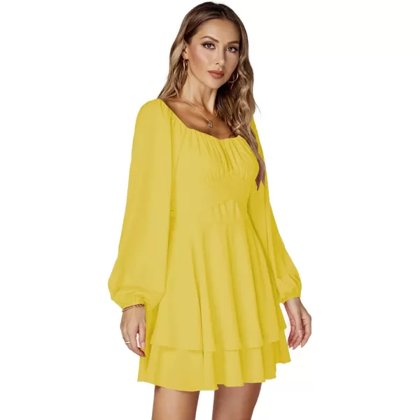 LYANER Women's Lantern Long Sleeve Wrap Tie Back Square Neck Double Layer Ruffle Hem A Line Short Mini Dress