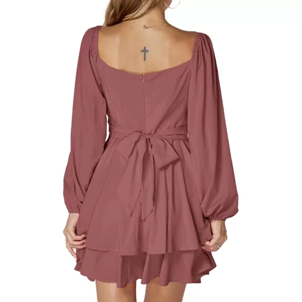LYANER Women's Lantern Long Sleeve Wrap Tie Back Square Neck Double Layer Ruffle Hem A Line Short Mini Dress