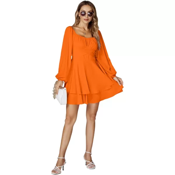 LYANER Women's Lantern Long Sleeve Wrap Tie Back Square Neck Double Layer Ruffle Hem A Line Short Mini Dress
