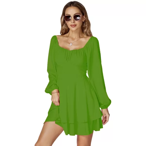 LYANER Women's Lantern Long Sleeve Wrap Tie Back Square Neck Double Layer Ruffle Hem A Line Short Mini Dress