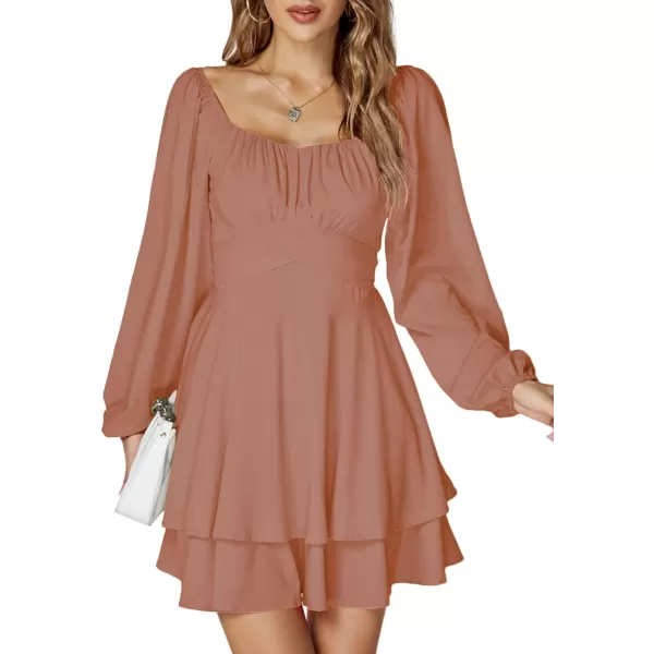 LYANER Women's Lantern Long Sleeve Wrap Tie Back Square Neck Double Layer Ruffle Hem A Line Short Mini Dress