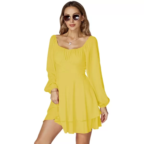 LYANER Women's Lantern Long Sleeve Wrap Tie Back Square Neck Double Layer Ruffle Hem A Line Short Mini Dress