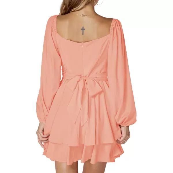 LYANER Women's Lantern Long Sleeve Wrap Tie Back Square Neck Double Layer Ruffle Hem A Line Short Mini Dress