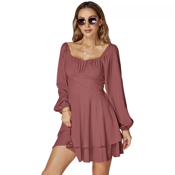 LYANER Women's Lantern Long Sleeve Wrap Tie Back Square Neck Double Layer Ruffle Hem A Line Short Mini Dress
