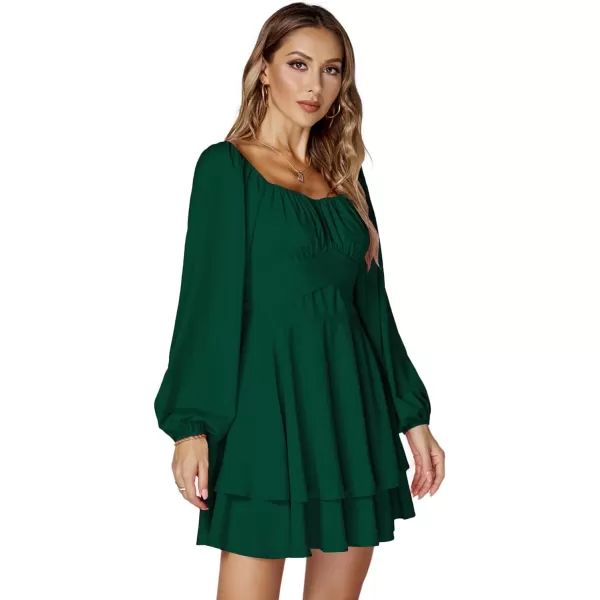 LYANER Women's Lantern Long Sleeve Wrap Tie Back Square Neck Double Layer Ruffle Hem A Line Short Mini Dress