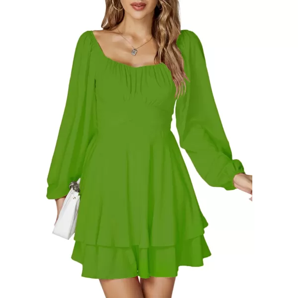 LYANER Women's Lantern Long Sleeve Wrap Tie Back Square Neck Double Layer Ruffle Hem A Line Short Mini Dress