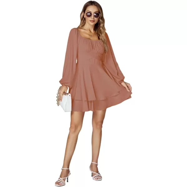 LYANER Women's Lantern Long Sleeve Wrap Tie Back Square Neck Double Layer Ruffle Hem A Line Short Mini Dress