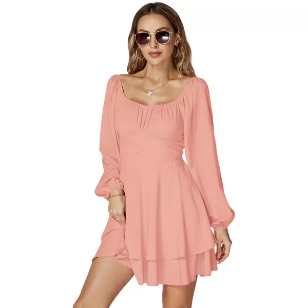 LYANER Women's Lantern Long Sleeve Wrap Tie Back Square Neck Double Layer Ruffle Hem A Line Short Mini Dress