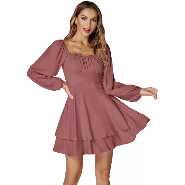 LYANER Women's Lantern Long Sleeve Wrap Tie Back Square Neck Double Layer Ruffle Hem A Line Short Mini Dress