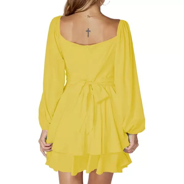 LYANER Women's Lantern Long Sleeve Wrap Tie Back Square Neck Double Layer Ruffle Hem A Line Short Mini Dress