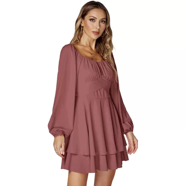 LYANER Women's Lantern Long Sleeve Wrap Tie Back Square Neck Double Layer Ruffle Hem A Line Short Mini Dress