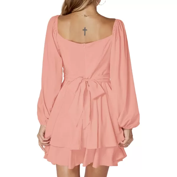 LYANER Women's Lantern Long Sleeve Wrap Tie Back Square Neck Double Layer Ruffle Hem A Line Short Mini Dress