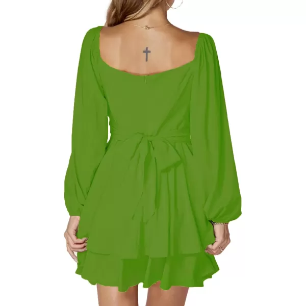 LYANER Women's Lantern Long Sleeve Wrap Tie Back Square Neck Double Layer Ruffle Hem A Line Short Mini Dress