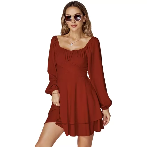 LYANER Women's Lantern Long Sleeve Wrap Tie Back Square Neck Double Layer Ruffle Hem A Line Short Mini Dress